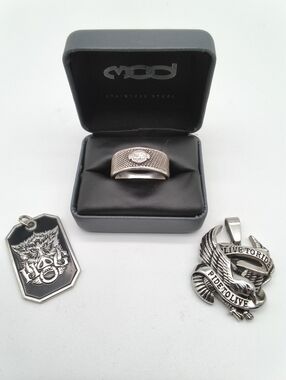 Harley-Davidson Biker Jewelry Lot: MOD Bar & Shield Ring, H.O.G. & Eagle Pendant